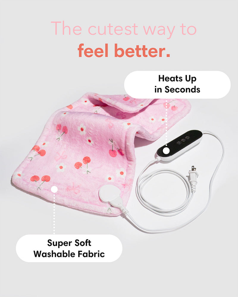 Cherry cute heating pad product that highlights features like heats up in seconds and super soft washable fabric.