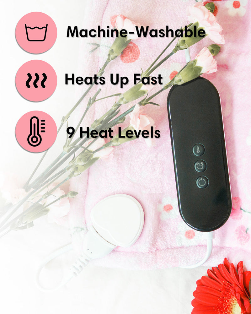 Cherry cute heating pad product that highlights features like heats up in seconds and 9 heat levels.