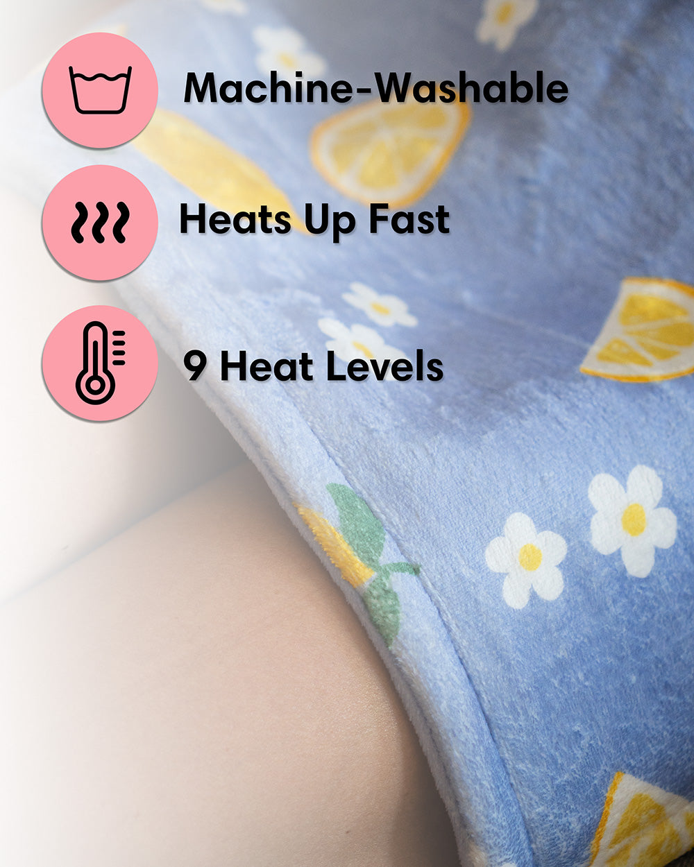 Text overlay on a fabric background with icons and text about machine-washability, heating speed, and heat levels.
